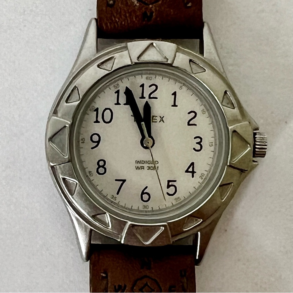 Timex Indiglo Women Watch Silver & White w/Brown Leather Wristband
